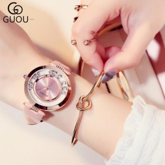 GUOU 8039 Luxury Glitter Rhinestone Leather Band Women Watch (Pink) - intl