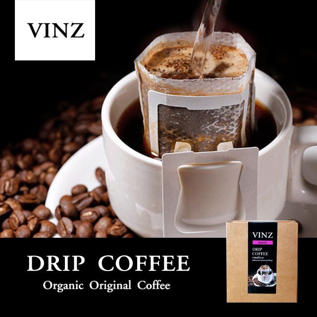 VINZ Drip Coffee กาแฟดริป จากดอยช้าง อาราบิก้า คั่วเข้ม 1 กล่อง (10 ซอง)
