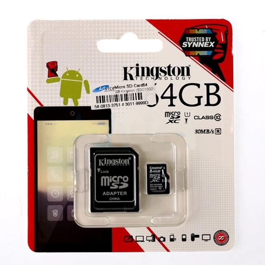 Kingston เมมโมรี่การ์ด Micro SD Card Class 10 80MB/s - 64GB WithAdapter (SDC10G2/64GBFR) Kingston เมมโมรี่การ์ด Micro SD Card Class 10 80MB/s - 64GB WithAdapter (SDC10G2/64GBFR)