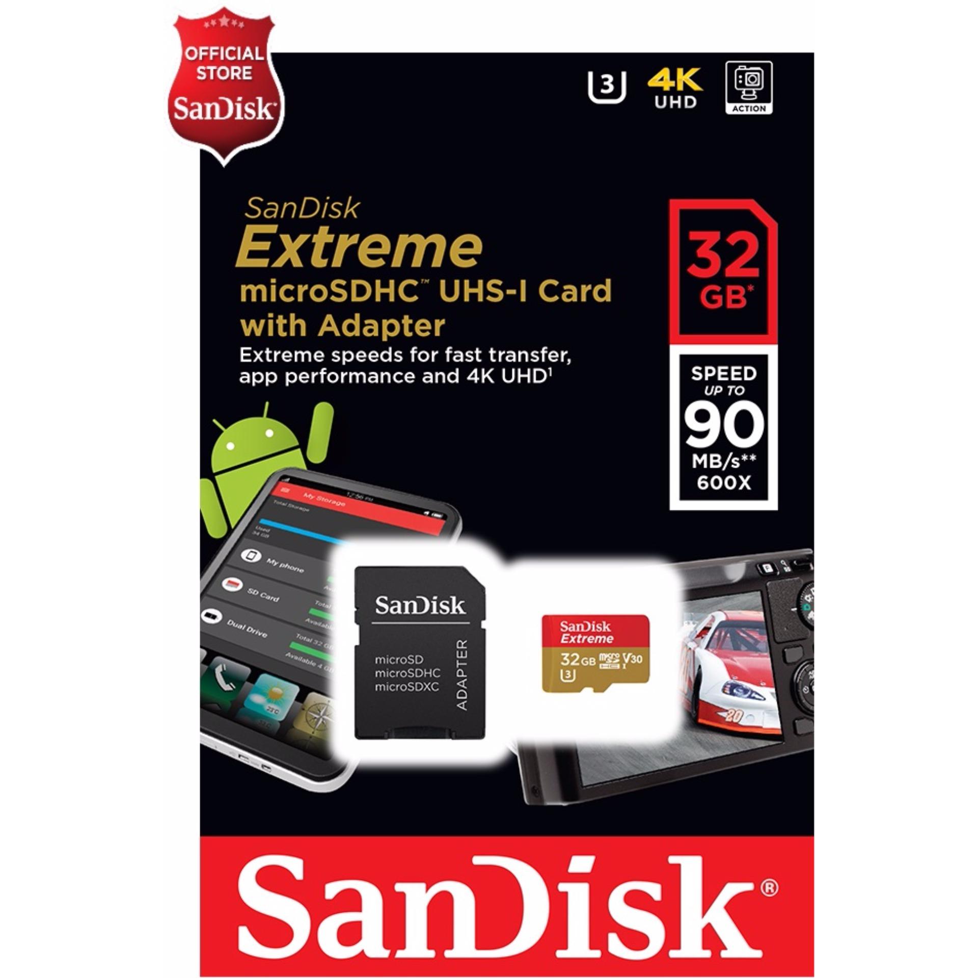 SanDisk Extreme microSD 32GB ความเร็ว อ่าน 100MB/s เขียน 60MB/s รองรับ V30 / U3 / C10 / UHS I SanDisk Extreme microSD 32GB ความเร็ว อ่าน 100MB/s เขียน 60MB/s รองรับ V30 / U3 / C10 / UHS I