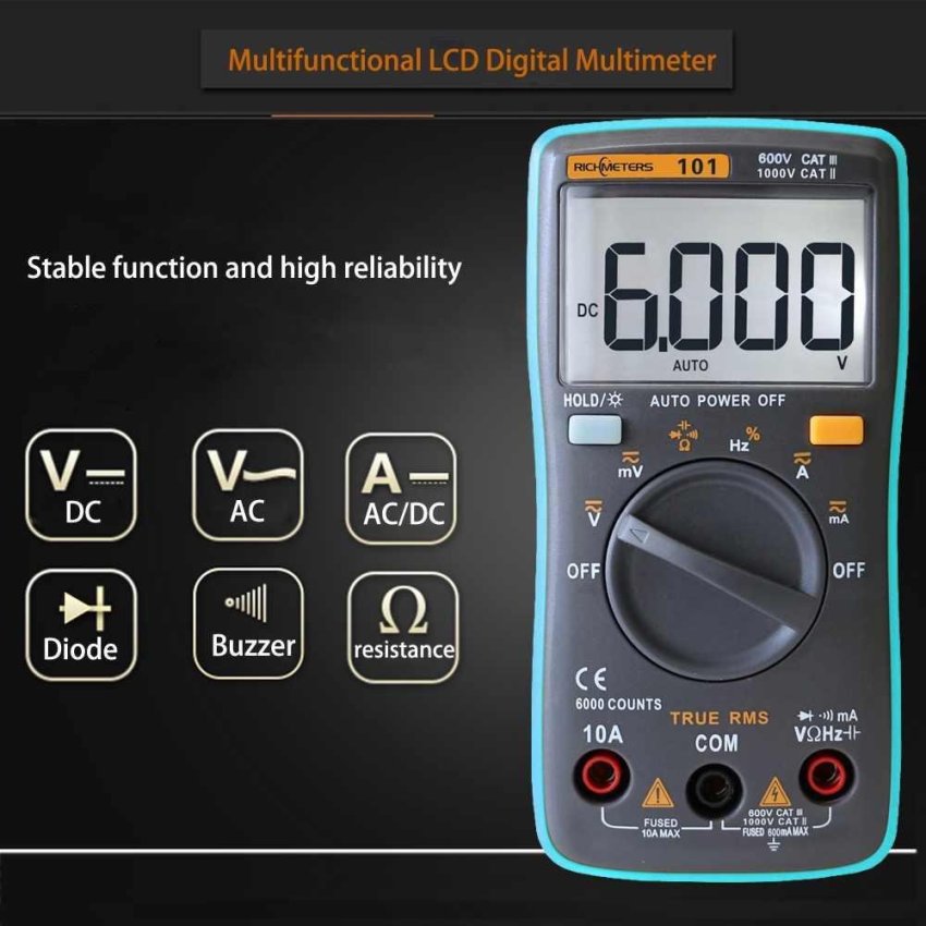 RM101 Digital Multimeter Backlight 6000 Counts Ammeter VoltmeterBlue Meter - intl