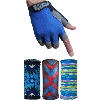 ซื้อ/ขาย Parbuf ถุงมือ ครึ่งนิ้ว Breathable Mesh ถุงมือจักรยาน ฟิตเนส (สีน้ำเงิน)+ผ้ากันUV 3ผืน set 008