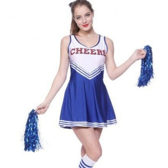 Sexy Cheerleader School Girl Fancy Dress Sport Uniform Top+Skirt Costume Pom Pom Blue - intl