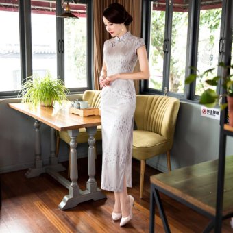 Lace Short Sleeve Improved Cheongsam (Silver) - intl Lace Short Sleeve Improved Cheongsam (Silver) - intl