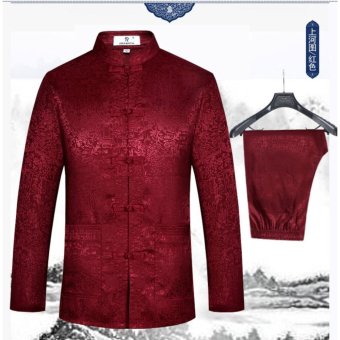 Men's Silk Traditional Chinese Tang Suit Coat clothing Kung Fu TaiChi Uniform Red wine - intl