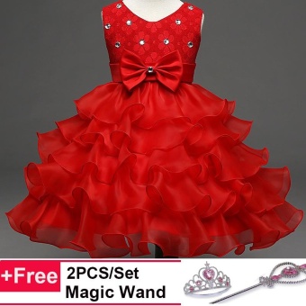 ขาย เด็กสาวงานแต่งงานเจ้าหญิงเจ้าหญิงอย่างเป็นทางการชุดลูกสาวดอกไม้เลื่อมเพชรชุดชั้นTutu(Red) - intl