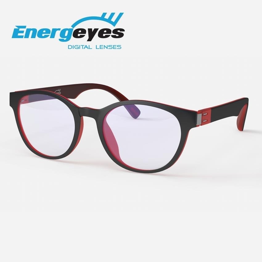ENERGEYES แว่นกรองแสงถนอมสายตาและลดแสงสีน้ำเงินลง 50% กรอบทรงรีสำหรับผู้ใหญ่ ด้านหน้าสีดำ ด้านหลังสีแดงเชอร์รี