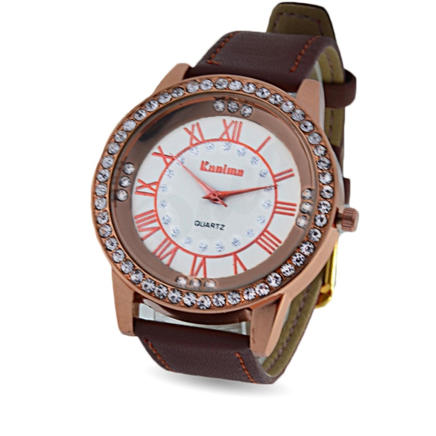 Poca Watch Kanima Watch สายหนัง นาฬิกาข้อมือผู้หญิง ตัวเรือนทอง สายหนัง ราคาถูกสายหนังสีน้ำตาล(สี PinkGold) ขอบเพชร รุ่นยอดนิยม