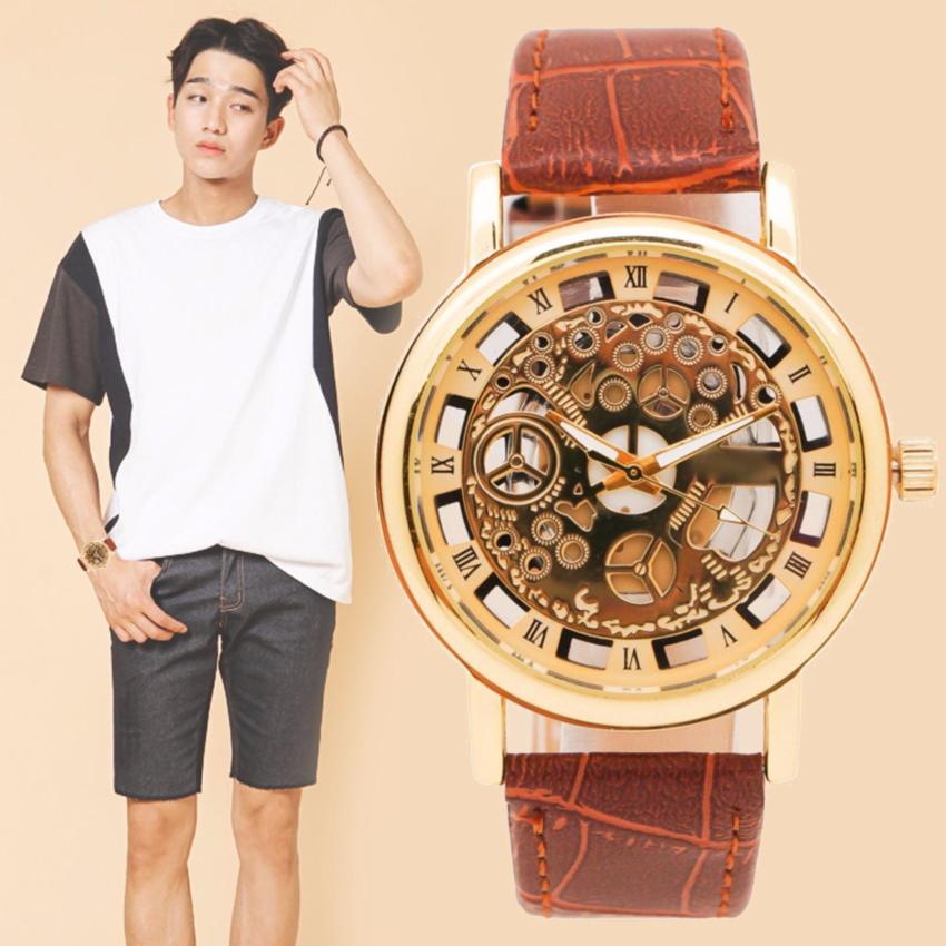Zazzy Dolls นาฬิกาข้อมือผู้ชาย หน้าปัดฝังเปลือย ดีไซน์เท่ห์ ไตล์เกาหลี สายหนังสีน้ำตาล รุ่น ZD-0060 สีทอง (Gold)
